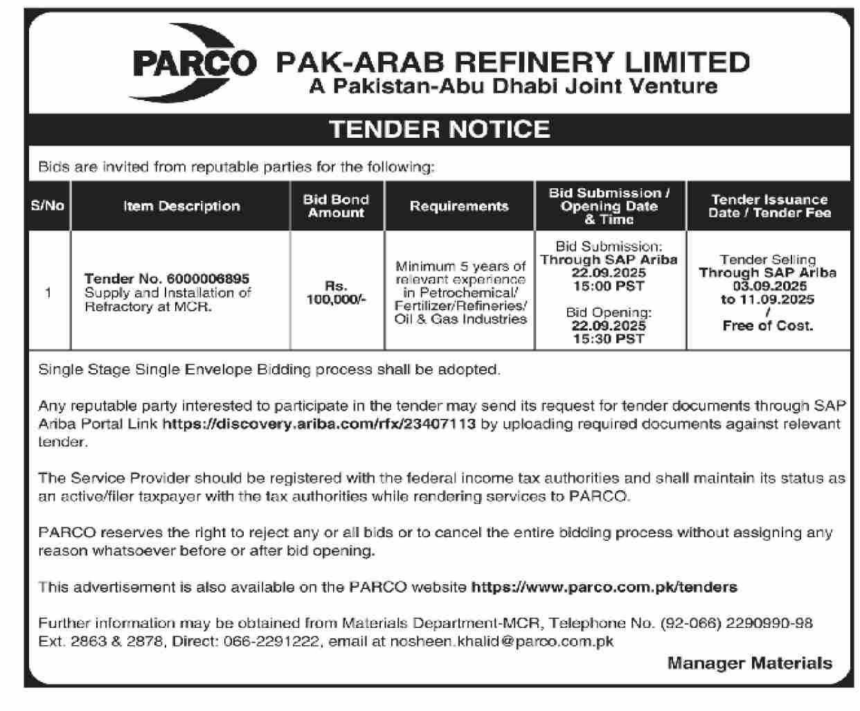Pak Arab Refinery Limited Tender Notice